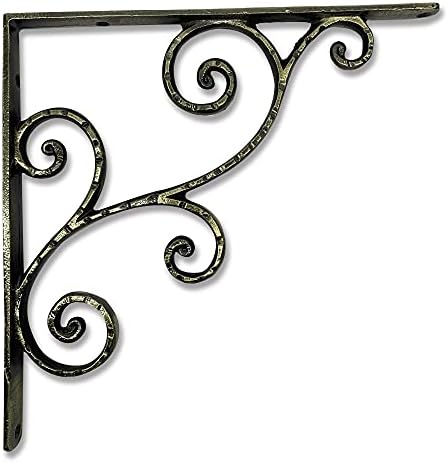 NACH Decorative Shelf Brackets, 2 Pack of 10 x 0.9 x 10 inch, Antique Brass Cast Iron Shelving Brackets - Metal Shelf Br