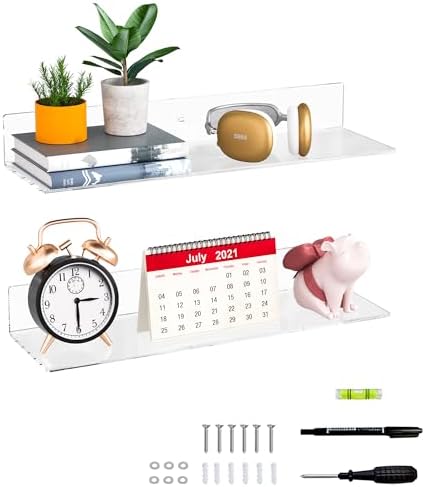 Sezanrpt 20 Inch Clear Wall Shelves for Wall, Wall Mounted Acrylic Floating Shelf for Plants, Speaker, Radio, Funko Pop, Stuffed Animal, Books, Cosmetics, Toiletries, 2 Pack (20 Inch)