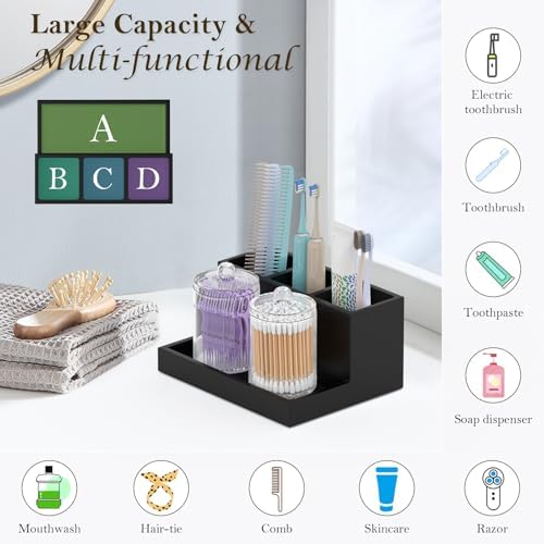 Toothbrush Holder for Bathroom with 2PCS Qtip Holder Dispenser, 3 Slot Bathroom Accessories Holder Floss Cotton Swab Hol