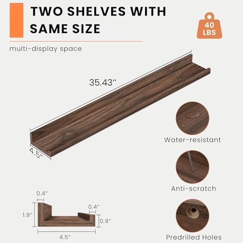 Heimlove Picture Ledge Shelf, Floating Shelves Set of 2, 36 Inches Picture Shelf for Wall with Ledge, Kids Bookshelf Wall Mounted for Living Room Bedroom Decor Books Photo Frames - Walnut