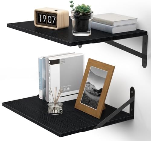 Black Deep Floating Shelves for Wall, 16" W x 12" D Wood Shelf Set of 2, Bookshelf Wall Mounted Hanging Shelves for Livi