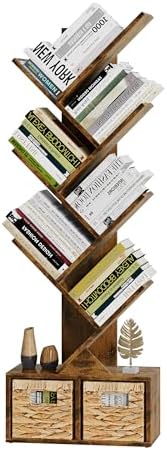 Vagusicc 6 Tier Tree Bookshelf with 2 Storage Cabinets, Tall Display Shelf Organizer for Books, Magazines, Home Decor, N