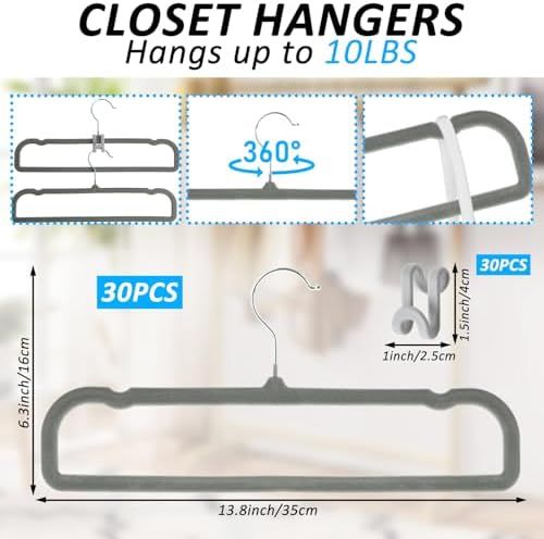 Pants Hangers Non Slip, 30 Pack Velvet Hanger for Closet with 30 Hooks, Strong Durable Space Saving Slim Pants Hanger, Ultra Thin & Space Saving Flocked Hangers for Pants/Shirts/Shorts/Bra (Grey)