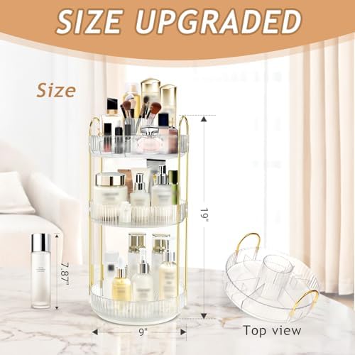 Rotating Makeup Organizer for Vanity, 9" D x 19" H, 3-Tier (White)