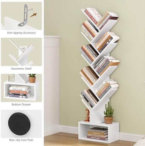 Hoctieon 9 Tier Tree Bookshelf, Tall Bookcase with Drawer, Wood Book Shelf, Modern Floor Standing Bookshelves, Book Orga