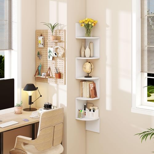 GOFLAME Corner Shelf Wall Mounted Set of 2, 5-Tier Floating Corner Bookshelf, Wood Plant Stand, Modern Floating Display 