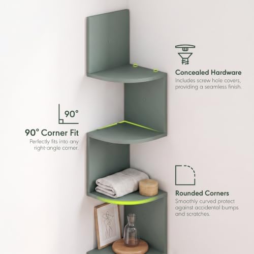 Furinno Rossi 5-Tier Corner Floating Book Shelves for Wall, Sage Green
