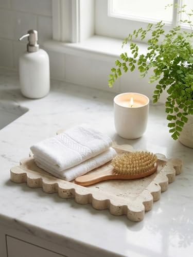 Denique Natural Travertine Tray with Scalloped Edge, 10.8x8 Rectangle Vanity Tray for Bathroom Kitchen Countertop, Beige