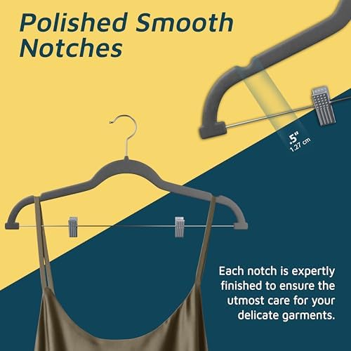 Lifemaster Velvet Skirt Hangers – with Adjustable Clips, 360 Degree Swivel Hook, and Non-Slip Shoulder Notch, Holds Up to 10 lbs, for Organizing Skirt, Pants, Dress, and Clothes, Pack of 50, Gray