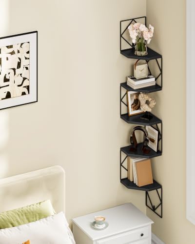 CHOEZON 5-Tier Corner Shelf, Floating Shelf, Wall-Mounted Storage Shelf, Wall Decor, Narrow Corner Bookshelf, for Living