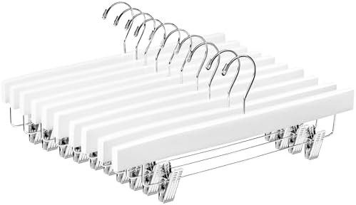 ZOBER Wooden Pants Hangers with Clips, Clothes Hangers, White, 10 Pack
