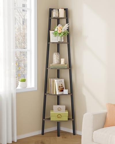Hoctieon Corner Shelf, 5-Tier Corner Bookshelf, Rustic Ladder Shelf, Industrial Display Stand for Living Room, Kitchen, 