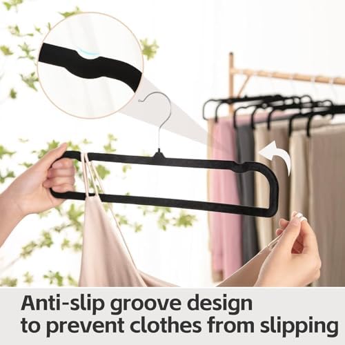 Velvet Hangers Non Slip - 20 Pack Pants Hangers for Closet - Thin Space Saving Clothes Hanger - Strong, Durable, Jean Perchas with 360 Degree Rotatable Hook for Tank Top (Black Silver Hook)