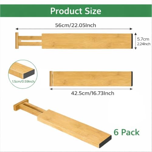 6 Pack Bamboo Drawer Dividers, Dresser Separators 16.6" to 21.8"