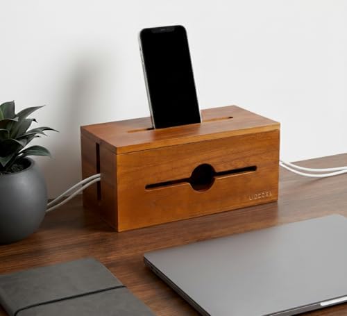 Wooden Cable Management Box for Power Strips, Desk Cord Organizer for Home Office & TV Stand, Hidden Cable Storage with 