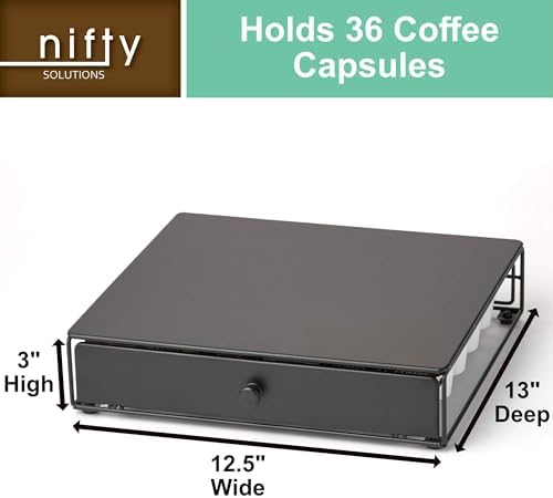 Nifty Coffee Pod Drawer – Compatible with K-Cups, 36 Pod Pack Holder, Non-Rolling, Compact Under Coffee Pot Storage Slid