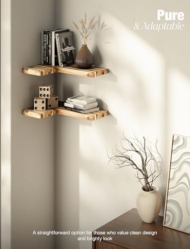 BATODA Acacia Corner Floating Shelves 17“x12”, Wall Shelves - Floating Book Shelves for Wall, Corner Bookshelf for Home 