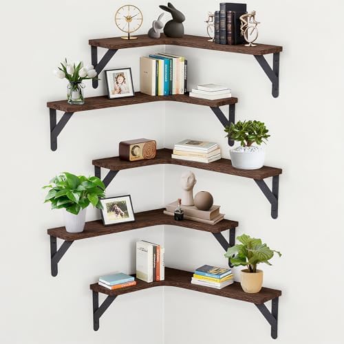 5 Pack Floating Shelves, Rustic Wood, Dark Brown