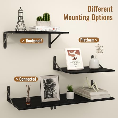 Black Deep Floating Shelves for Wall, 16" W x 12" D Wood Shelf Set of 2, Bookshelf Wall Mounted Hanging Shelves for Livi