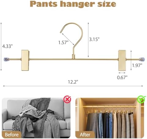 9 Pack Pants Hangers with Clips, 12.2 Inch Slim Metal Clothes Hangers with 360° Swivel Hooks, Heavy Duty Space Saving Closet Hangers for Jeans, Slacks, Shorts (Gold)