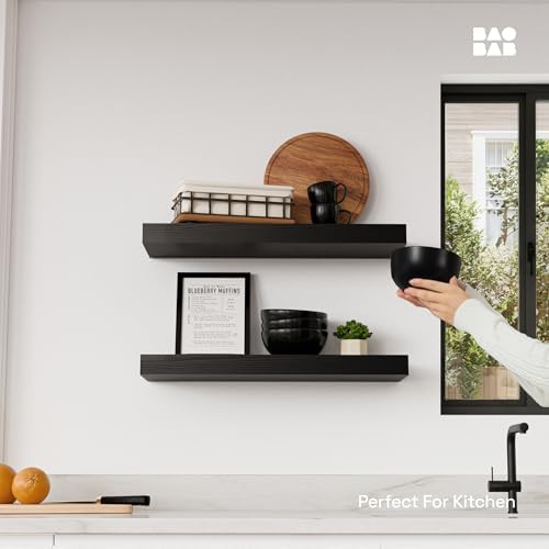 Solid Wood Floating Shelves for Wall 20 Inch Black, Wooden Bathroom Shelf