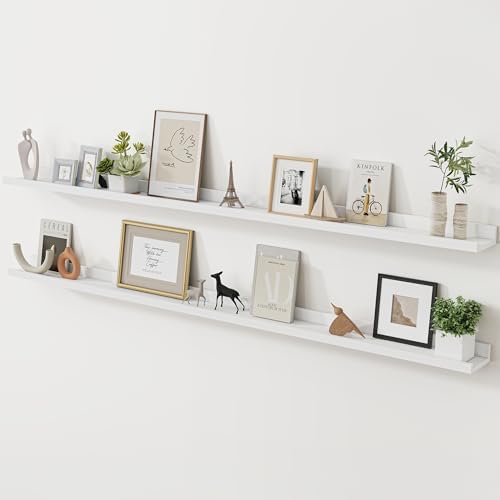 Acovy Long Floating Shelves for Wall, 72 inch Solid Wood Picture Ledge Shelf, Picture Shelf for Wall with Ledge, Floating Book Shelves for Living Room Bedroom Kitchen Nursery Decor, White, Set of 2