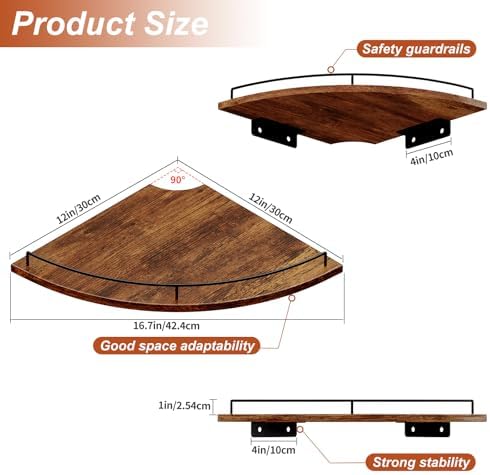 JJL Corner Shelf Wall Mounted, 12 Inches 3-Tier Floating Corner Shelf, Fan-Shaped Rustic Wood Decor with Fence, Brown St