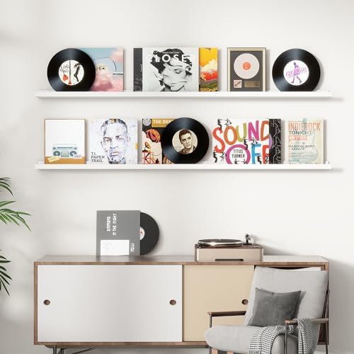 FLYJOE Picture Ledge Shelf, Floating Shelves Set of 2, Solid Ash Wood 72'' Long Large Nursery Book Shelves for Toys Storage, Kids Bookshelf for Living Room Bedroom Decor Books Photo Frames, White