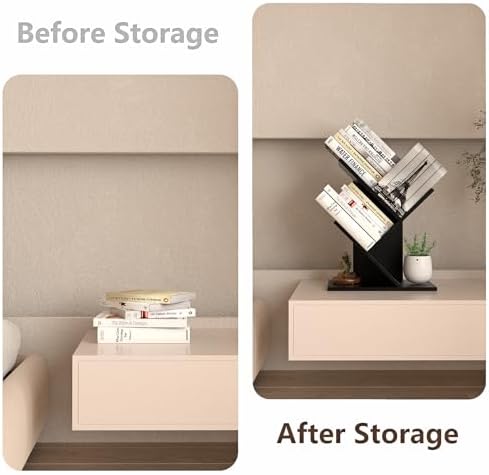 R RUISHENG 3 Tier Small Tree Bookshelf Storage Organizer Shelves Floor Standing Bookcase Desk Wood Storage Rack for Home