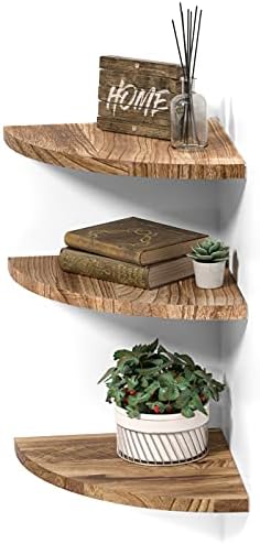 Wall Mounted Rustic Wood Round Edge Corner Shelf Storage Rack, Bookcase, Floating Shelves Home Decor for Bedroom, Living