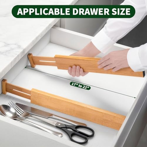 CMOOD 6 PCS Bamboo Drawer Dividers, Kitchen Drawer Dividers, 17"-22" Expandable Adjustable Bamboo Drawer Dividers Organi