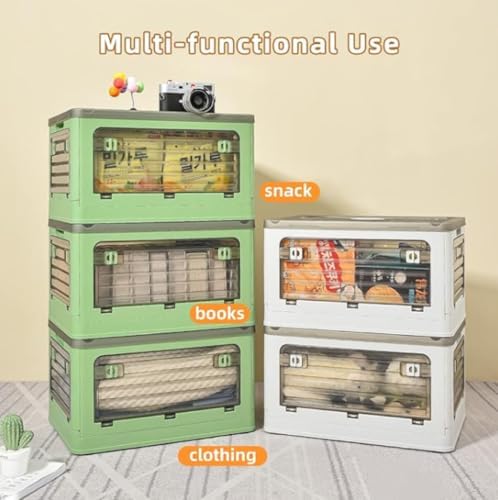 32Qt Plastic Storage Bins with Lid, Collapsible Storage Bins with Wheels, Storage Boxes with 4 Doors, Stackable Storage 
