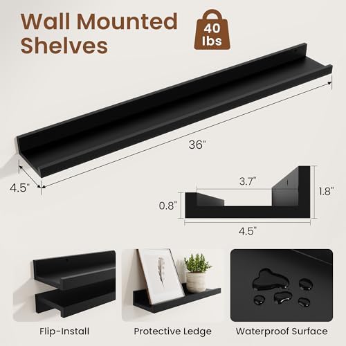 Heimlove Picture Ledge Shelf,36 inch Long Floating Shelves for Wall Set of 2,Black Picture Shelf with Lip for Wall Decor