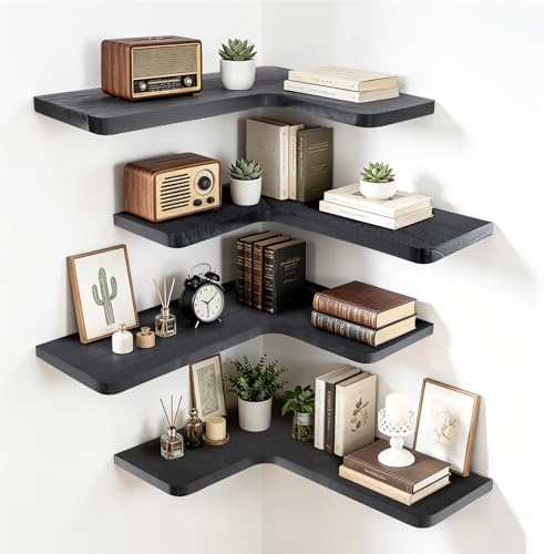 Solid Wood Corner Floating Shelves, L-Shaped, Black, Set of 4