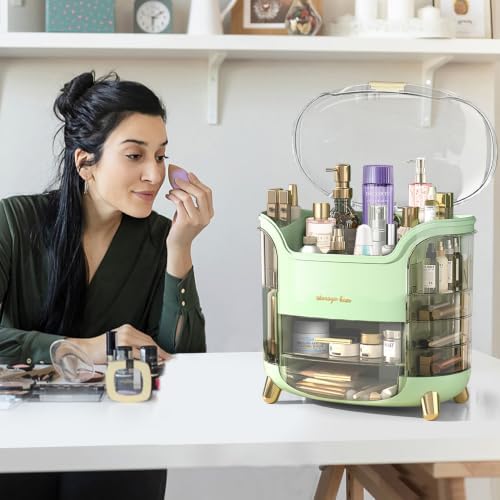 Makeup & Skincare Organizer Box for Countertop with Lid & Drawers, Green