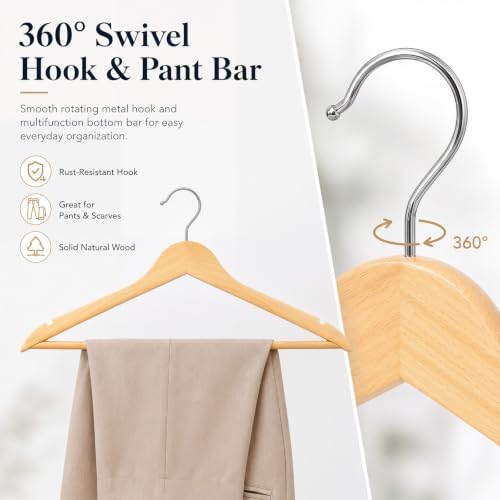 MIZGI 30-Pack Natural Wood Hangers, 0.47” Slim, 360° Swivel, Pant Bar