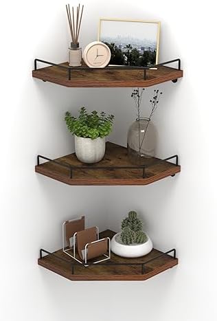 HORLIMER Set of 3 Floating Corner Shelf Wall Mount with Fence, Brown