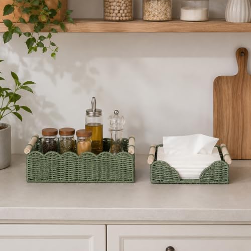 2 Pack Scalloped Paper Rope Toilet Paper Baskets with Wood Handles