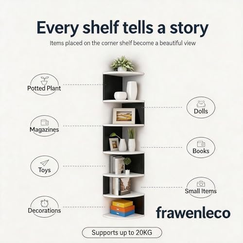 No-Drill Corner Shelf Wall Mount, 7-Tier Floating Corner Bookshelf with Hooks, Space-Saving Zigzag Plant Shelf for Bedro