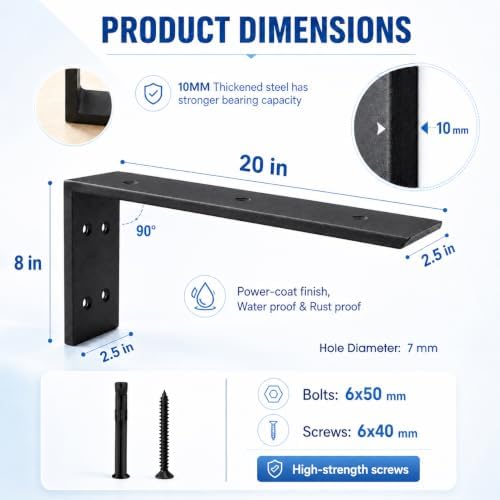 WINKER Countertop Support Bracket 2 Pack Heavy Duty 3/8" Thick Hidden L Shelf Bracket 20" x 8" x 2.5" Metal Corbels for 