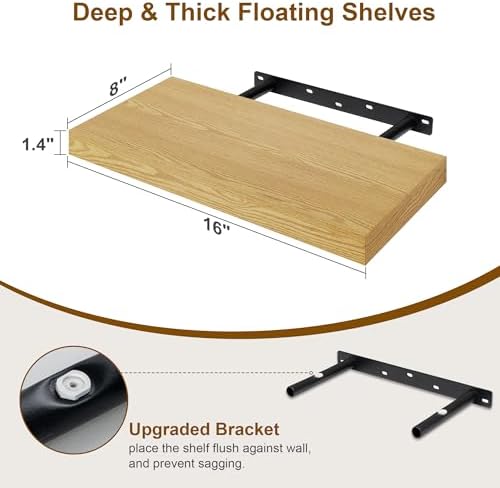 Fun Memories Floating Shelves for Wall, 8 Inch Deep Floating Wall Shelf, 16" x 8" Floating Shelves - Set of 2, Rustic Wo