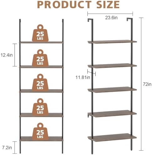 Wolawu 5 Tiers Ladder Shelf 2-Piece Black Modern Tall Bookshelf Open Large Tall Wall Mount Storage Bookcase Standing Lea
