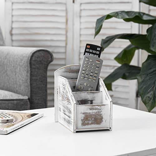 MyGift Whitewashed Wood TV Remote Control Holder with 3 Compartments