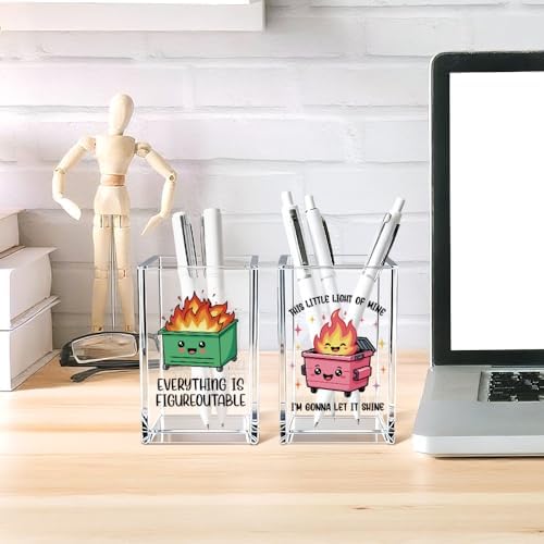 Dumpster Fire Funny Acrylic Pencil Pen Holder Cup Set 2, Cute Pencil Holder Desk Organizer, Dumpster Fire Desk Accessories, Mental Health Gifts for Women Men Teachers Colleagues Students