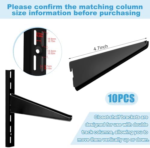 Yalikop 10 Pack Adjustable Shelf Brackets for Double Track System Closet Organization Heavy Duty Wire Shelf Brackets (Bl