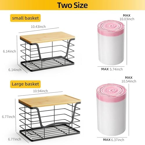 ALOCEO 2 Pack Stackable Wire Storage Basket with Bamboo Lid, Stainless Steel Extra Large Trash Bag Dispenser Roll Holder