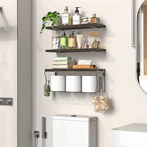 Floating Bathroom Shelves Wall Mounted - Wooden Shelf Set of 3 for Over Toilet Storage & Farmhouse Bathroom Decor - Perf