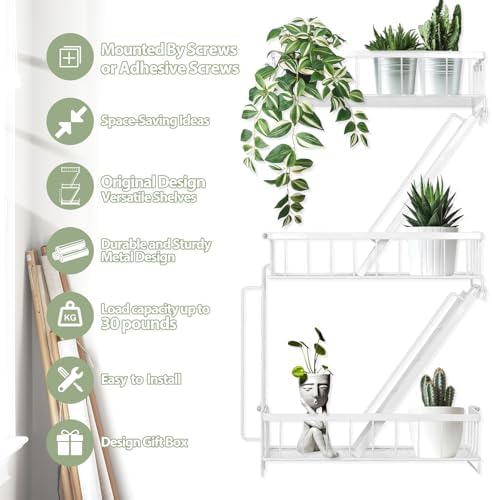 SweetSage Fire Escape Shelf - 3 Tier White Wall Display Floating Shelves, Metal Decorative Shelving for Bedroom, Home Dé