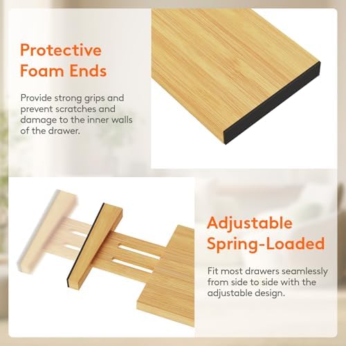 Lifewit 4" High Dresser Drawer Dividers, Adjustable Bamboo Drawer Organizer