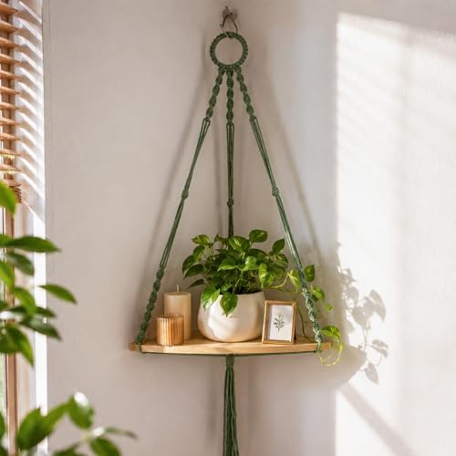 Artilady Macrame Corner Shelf Wall Hanging, Adjust Green Boho Wall Decor